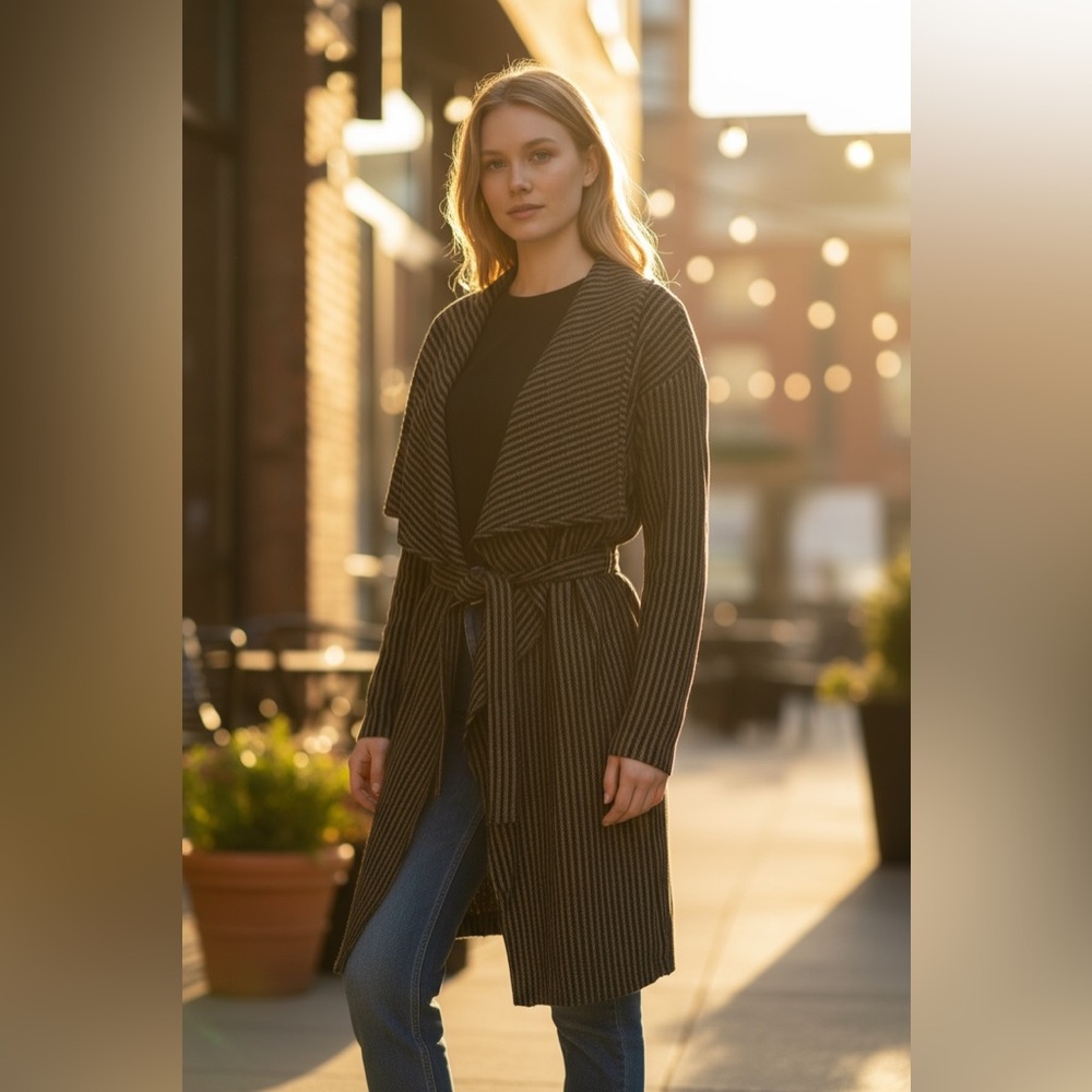NWT RELIGION Clothing “We Live In Black” Longline Striped Belted Coat Jacket